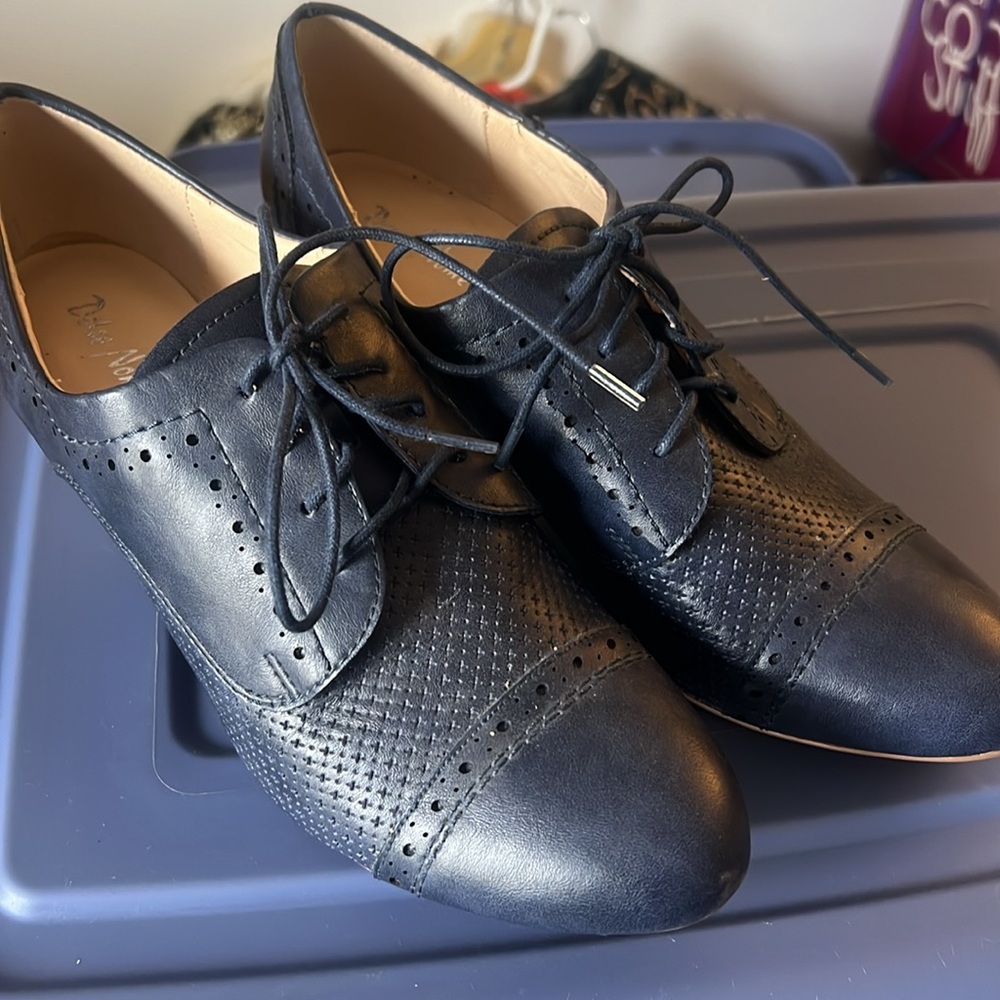 Dolce Nome blue heeled loafer shoes